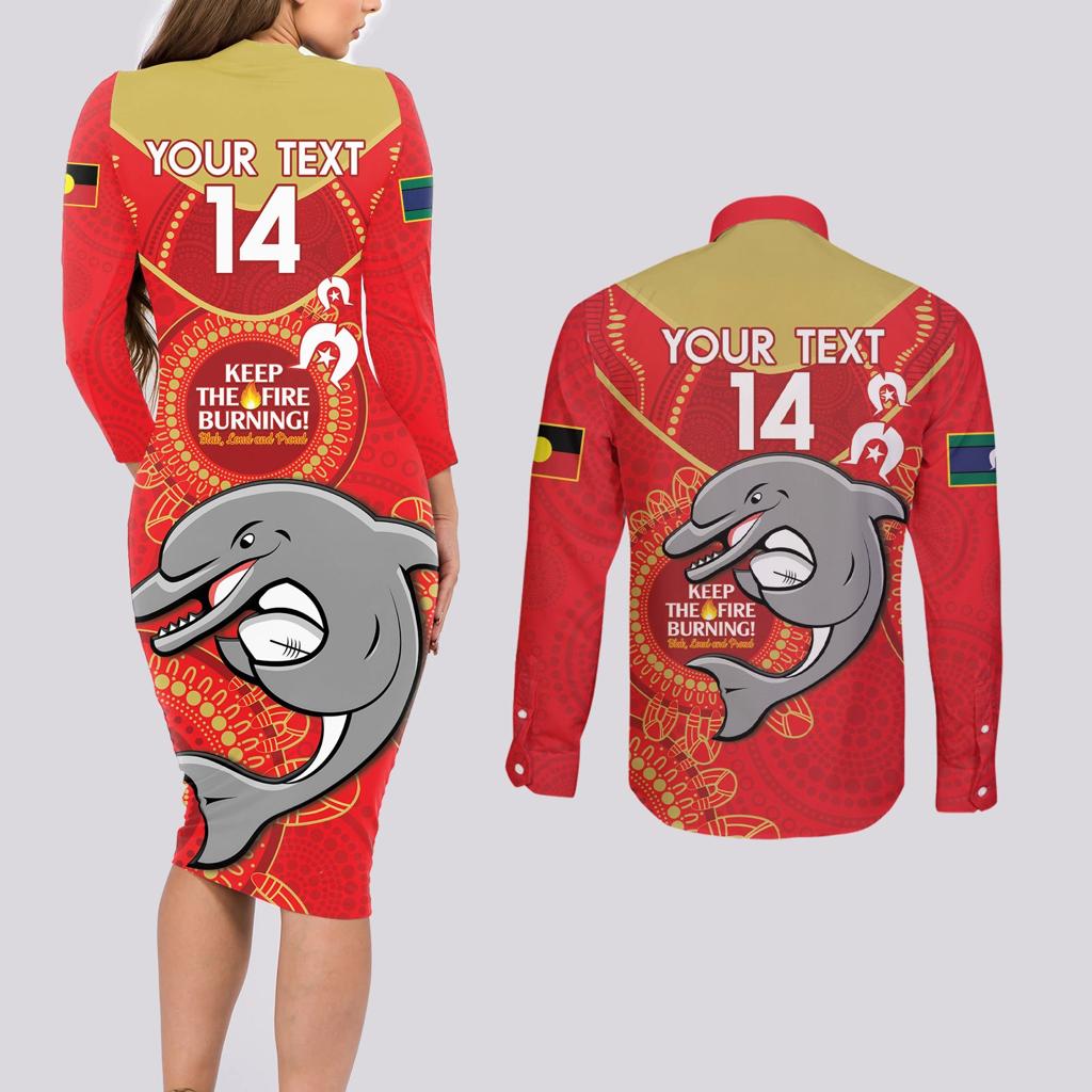Custom NRL Dolphins NAIDOC Week Couples Matching Long Sleeve Bodycon Dress and Long Sleeve Button Shirt Keep The Fire Burning Indigenous Art