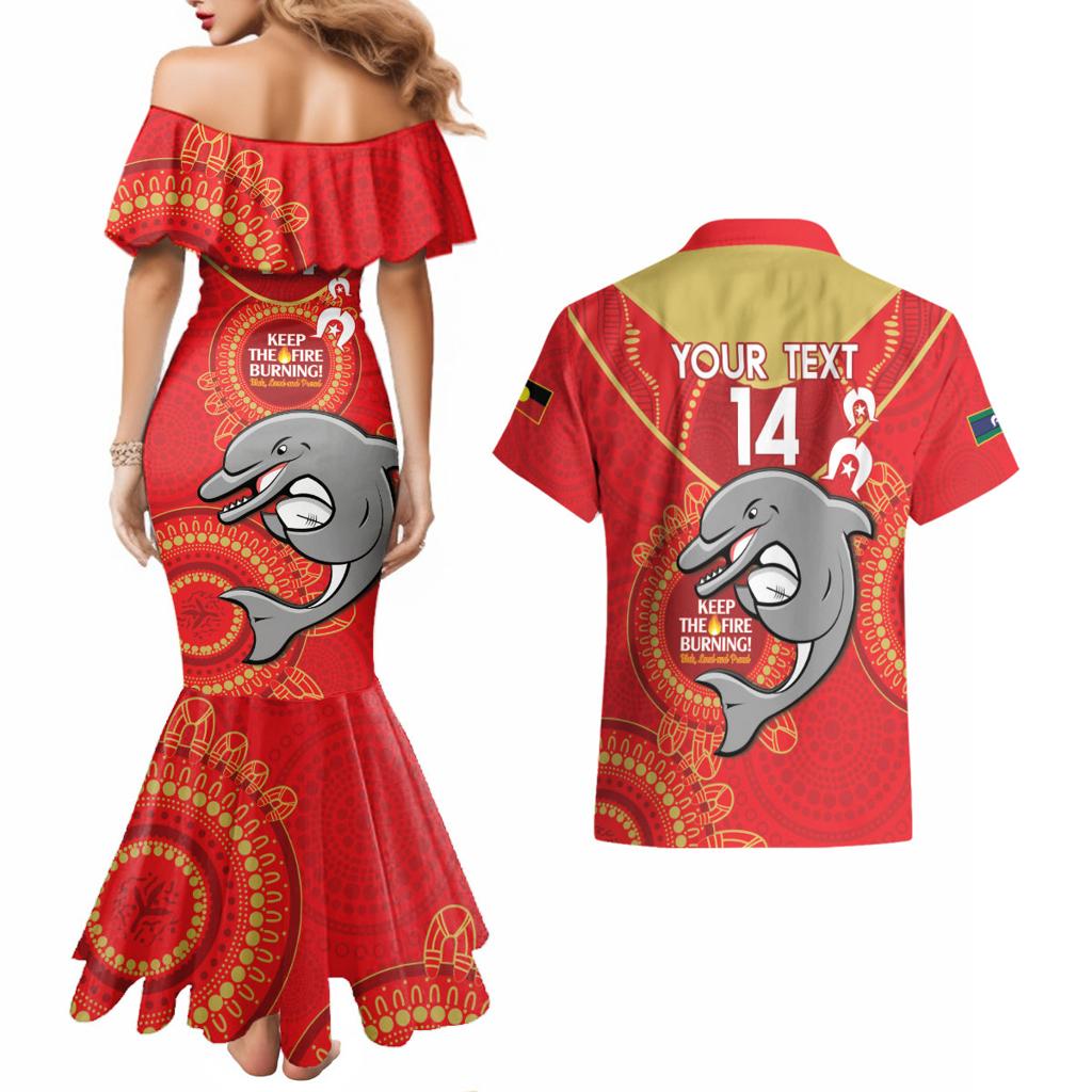 Custom NRL Dolphins NAIDOC Week Couples Matching Mermaid Dress and Hawaiian Shirt Keep The Fire Burning Indigenous Art