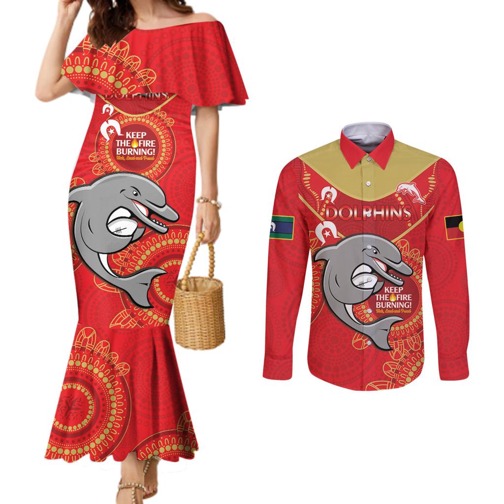 Custom NRL Dolphins NAIDOC Week Couples Matching Mermaid Dress and Long Sleeve Button Shirt Keep The Fire Burning Indigenous Art