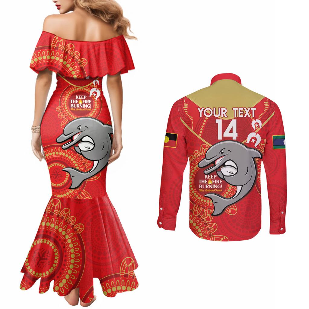 Custom NRL Dolphins NAIDOC Week Couples Matching Mermaid Dress and Long Sleeve Button Shirt Keep The Fire Burning Indigenous Art
