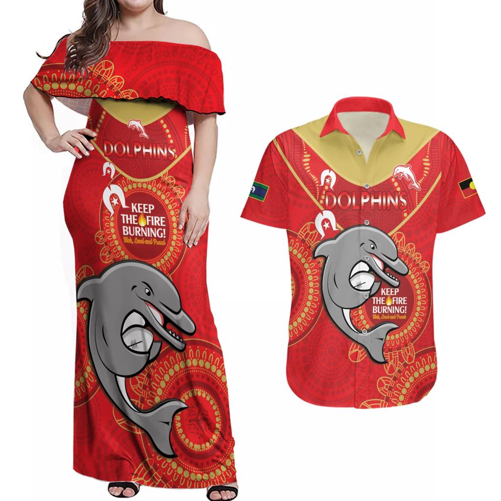 Custom NRL Dolphins NAIDOC Week Couples Matching Off Shoulder Maxi Dress and Hawaiian Shirt Keep The Fire Burning Indigenous Art