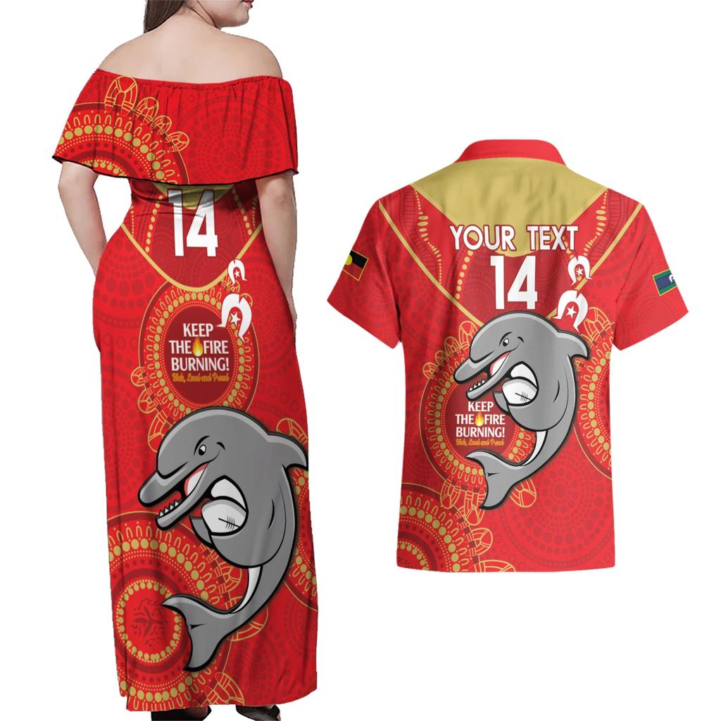 Custom NRL Dolphins NAIDOC Week Couples Matching Off Shoulder Maxi Dress and Hawaiian Shirt Keep The Fire Burning Indigenous Art