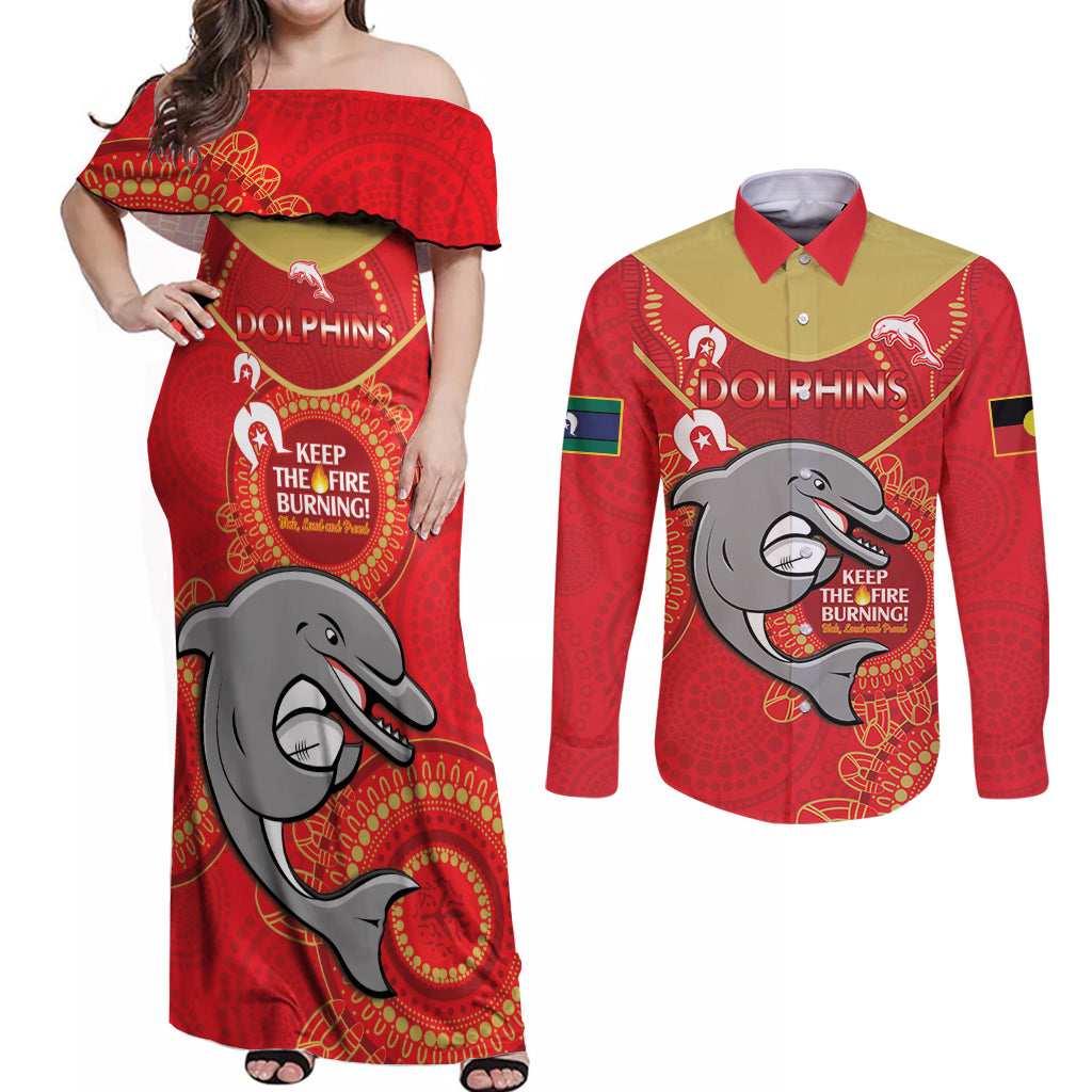 Custom NRL Dolphins NAIDOC Week Couples Matching Off Shoulder Maxi Dress and Long Sleeve Button Shirt Keep The Fire Burning Indigenous Art