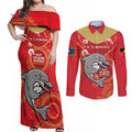 Custom NRL Dolphins NAIDOC Week Couples Matching Off Shoulder Maxi Dress and Long Sleeve Button Shirt Keep The Fire Burning Indigenous Art
