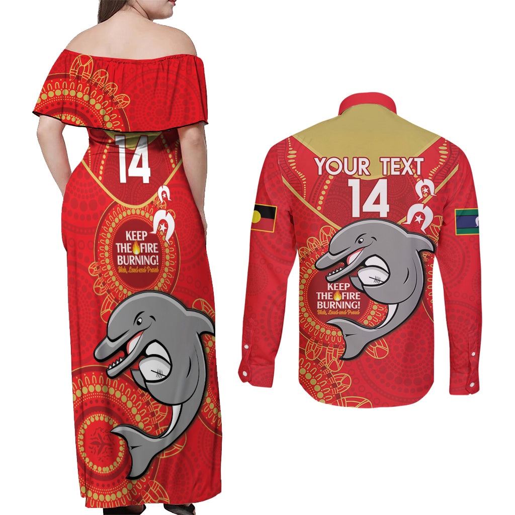Custom NRL Dolphins NAIDOC Week Couples Matching Off Shoulder Maxi Dress and Long Sleeve Button Shirt Keep The Fire Burning Indigenous Art