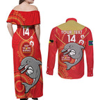 Custom NRL Dolphins NAIDOC Week Couples Matching Off Shoulder Maxi Dress and Long Sleeve Button Shirt Keep The Fire Burning Indigenous Art