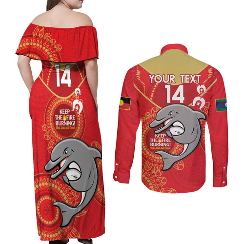 Custom NRL Dolphins NAIDOC Week Couples Matching Off Shoulder Maxi Dress and Long Sleeve Button Shirt Keep The Fire Burning Indigenous Art