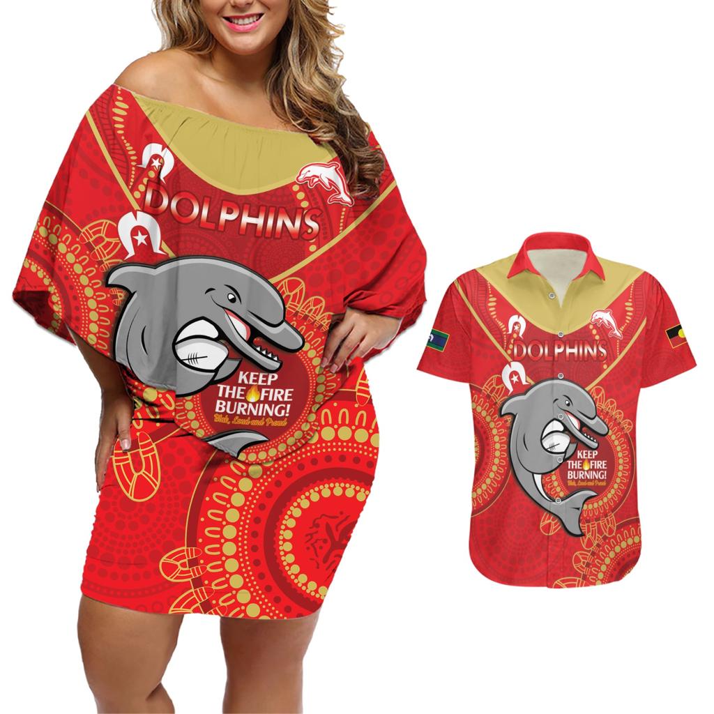 Custom NRL Dolphins NAIDOC Week Couples Matching Off Shoulder Short Dress and Hawaiian Shirt Keep The Fire Burning Indigenous Art