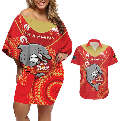 Custom NRL Dolphins NAIDOC Week Couples Matching Off Shoulder Short Dress and Hawaiian Shirt Keep The Fire Burning Indigenous Art