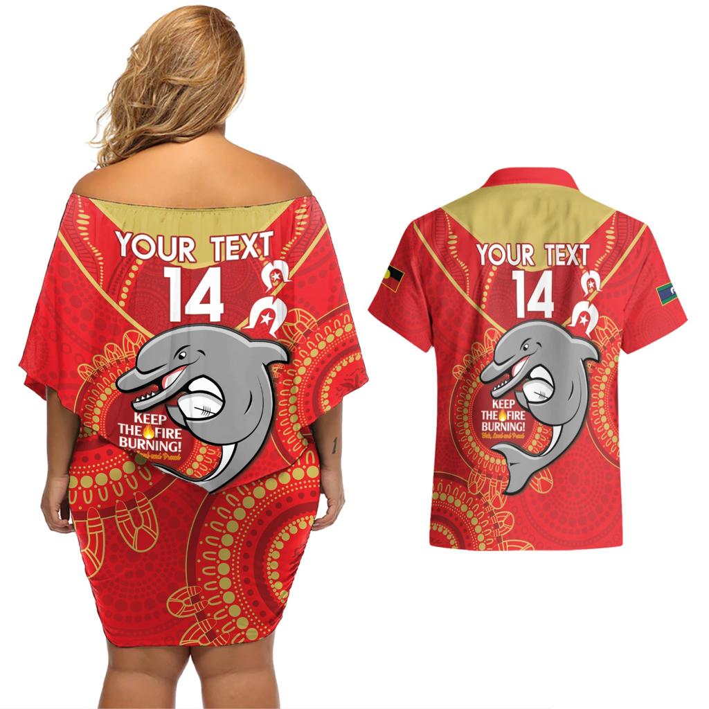 Custom NRL Dolphins NAIDOC Week Couples Matching Off Shoulder Short Dress and Hawaiian Shirt Keep The Fire Burning Indigenous Art