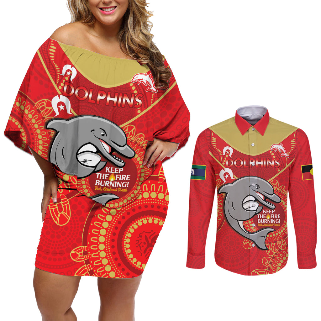 Custom NRL Dolphins NAIDOC Week Couples Matching Off Shoulder Short Dress and Long Sleeve Button Shirt Keep The Fire Burning Indigenous Art