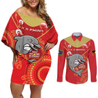 Custom NRL Dolphins NAIDOC Week Couples Matching Off Shoulder Short Dress and Long Sleeve Button Shirt Keep The Fire Burning Indigenous Art