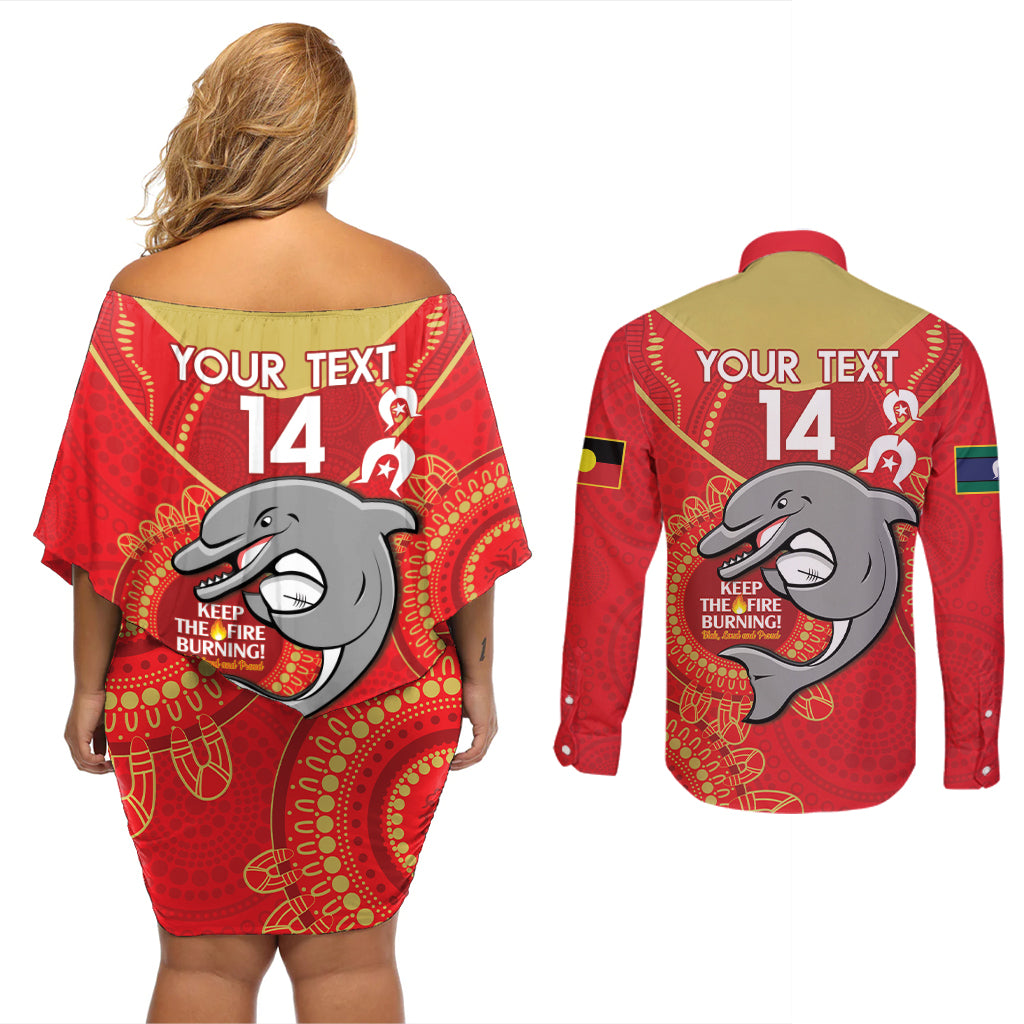Custom NRL Dolphins NAIDOC Week Couples Matching Off Shoulder Short Dress and Long Sleeve Button Shirt Keep The Fire Burning Indigenous Art