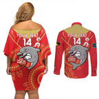 Custom NRL Dolphins NAIDOC Week Couples Matching Off Shoulder Short Dress and Long Sleeve Button Shirt Keep The Fire Burning Indigenous Art