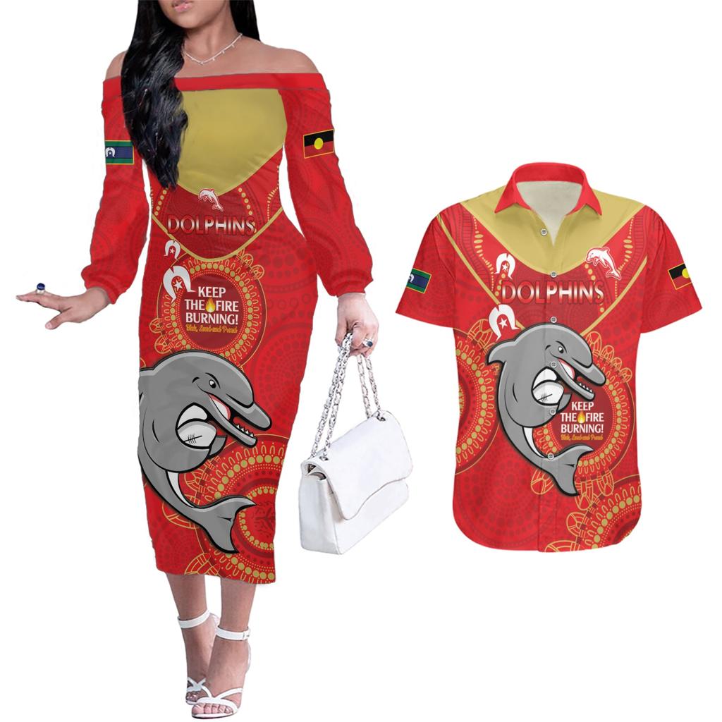 Custom NRL Dolphins NAIDOC Week Couples Matching Off The Shoulder Long Sleeve Dress and Hawaiian Shirt Keep The Fire Burning Indigenous Art
