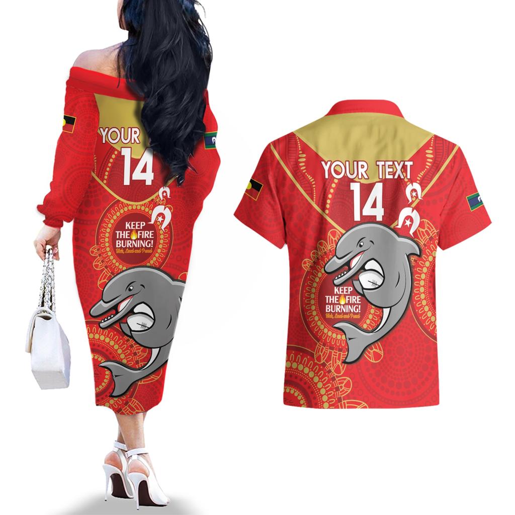 Custom NRL Dolphins NAIDOC Week Couples Matching Off The Shoulder Long Sleeve Dress and Hawaiian Shirt Keep The Fire Burning Indigenous Art
