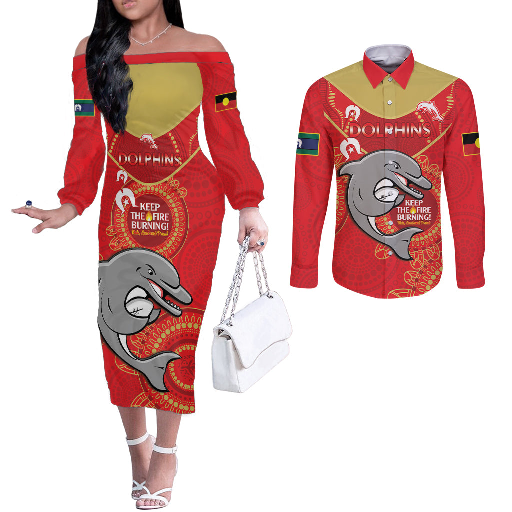 Custom NRL Dolphins NAIDOC Week Couples Matching Off The Shoulder Long Sleeve Dress and Long Sleeve Button Shirt Keep The Fire Burning Indigenous Art