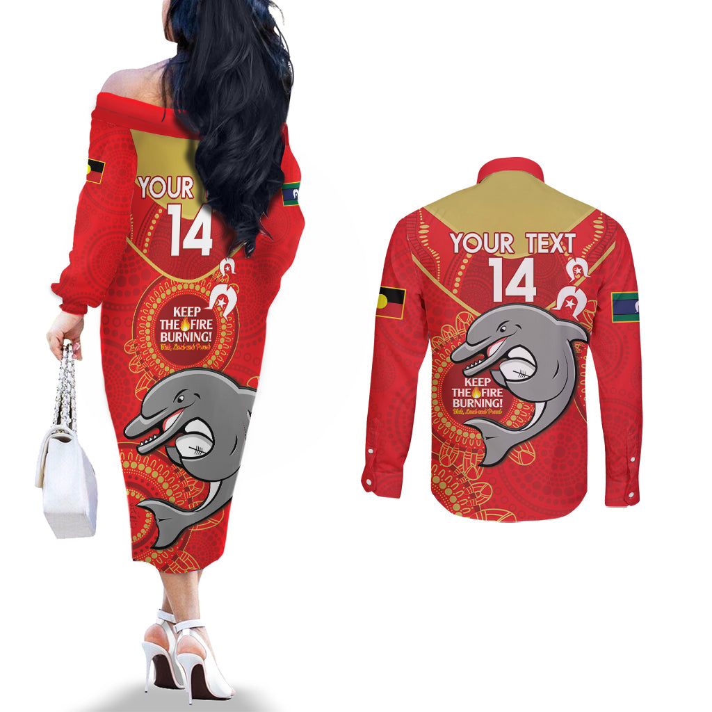 Custom NRL Dolphins NAIDOC Week Couples Matching Off The Shoulder Long Sleeve Dress and Long Sleeve Button Shirt Keep The Fire Burning Indigenous Art