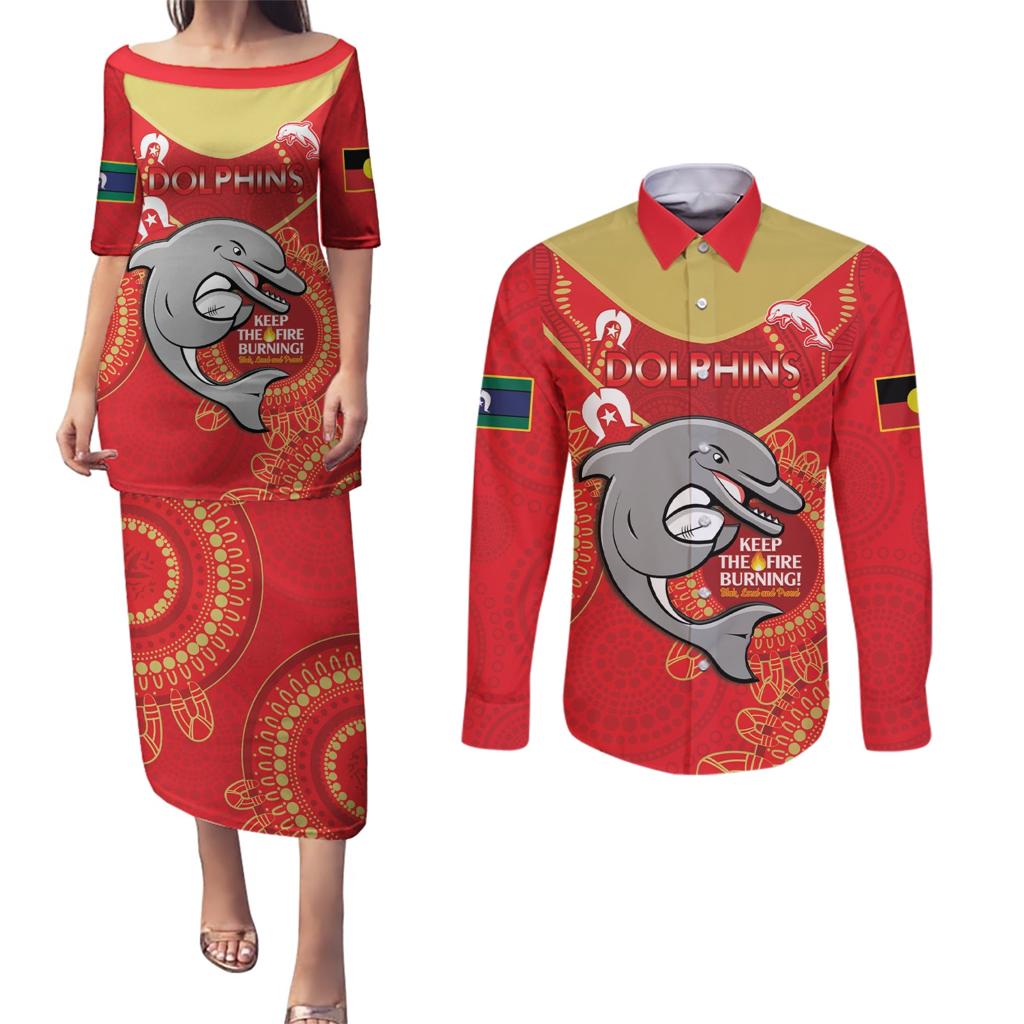 Custom NRL Dolphins NAIDOC Week Couples Matching Puletasi and Long Sleeve Button Shirt Keep The Fire Burning Indigenous Art