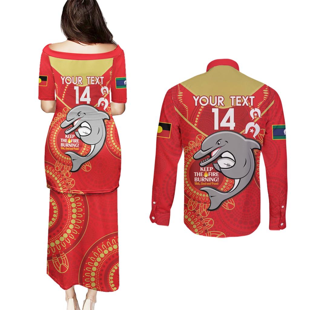 Custom NRL Dolphins NAIDOC Week Couples Matching Puletasi and Long Sleeve Button Shirt Keep The Fire Burning Indigenous Art