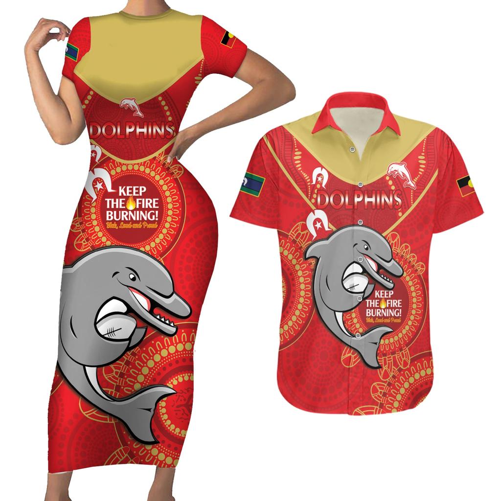 Custom NRL Dolphins NAIDOC Week Couples Matching Short Sleeve Bodycon Dress and Hawaiian Shirt Keep The Fire Burning Indigenous Art
