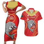 Custom NRL Dolphins NAIDOC Week Couples Matching Short Sleeve Bodycon Dress and Hawaiian Shirt Keep The Fire Burning Indigenous Art