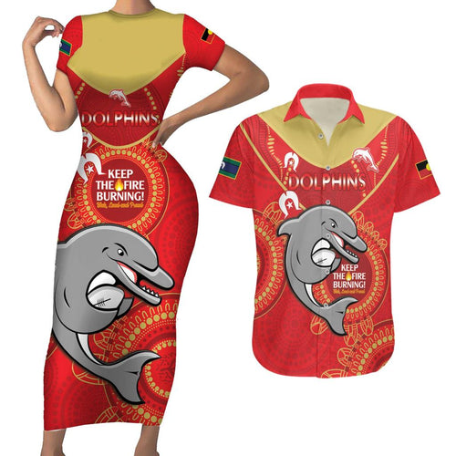 Custom NRL Dolphins NAIDOC Week Couples Matching Short Sleeve Bodycon Dress and Hawaiian Shirt Keep The Fire Burning Indigenous Art