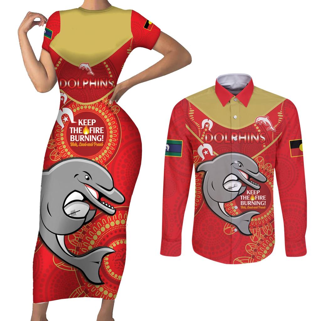Custom NRL Dolphins NAIDOC Week Couples Matching Short Sleeve Bodycon Dress and Long Sleeve Button Shirt Keep The Fire Burning Indigenous Art