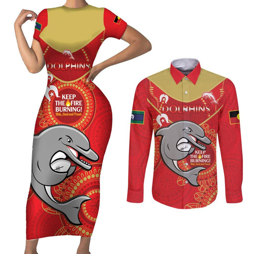 Custom NRL Dolphins NAIDOC Week Couples Matching Short Sleeve Bodycon Dress and Long Sleeve Button Shirt Keep The Fire Burning Indigenous Art