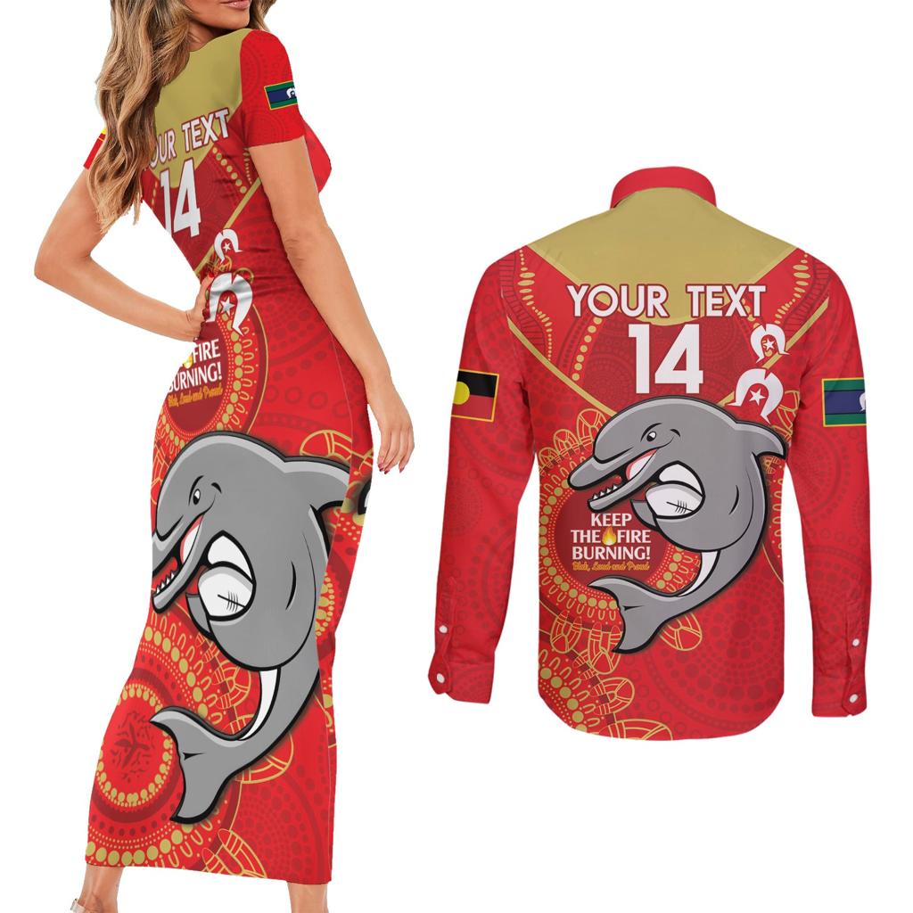 Custom NRL Dolphins NAIDOC Week Couples Matching Short Sleeve Bodycon Dress and Long Sleeve Button Shirt Keep The Fire Burning Indigenous Art