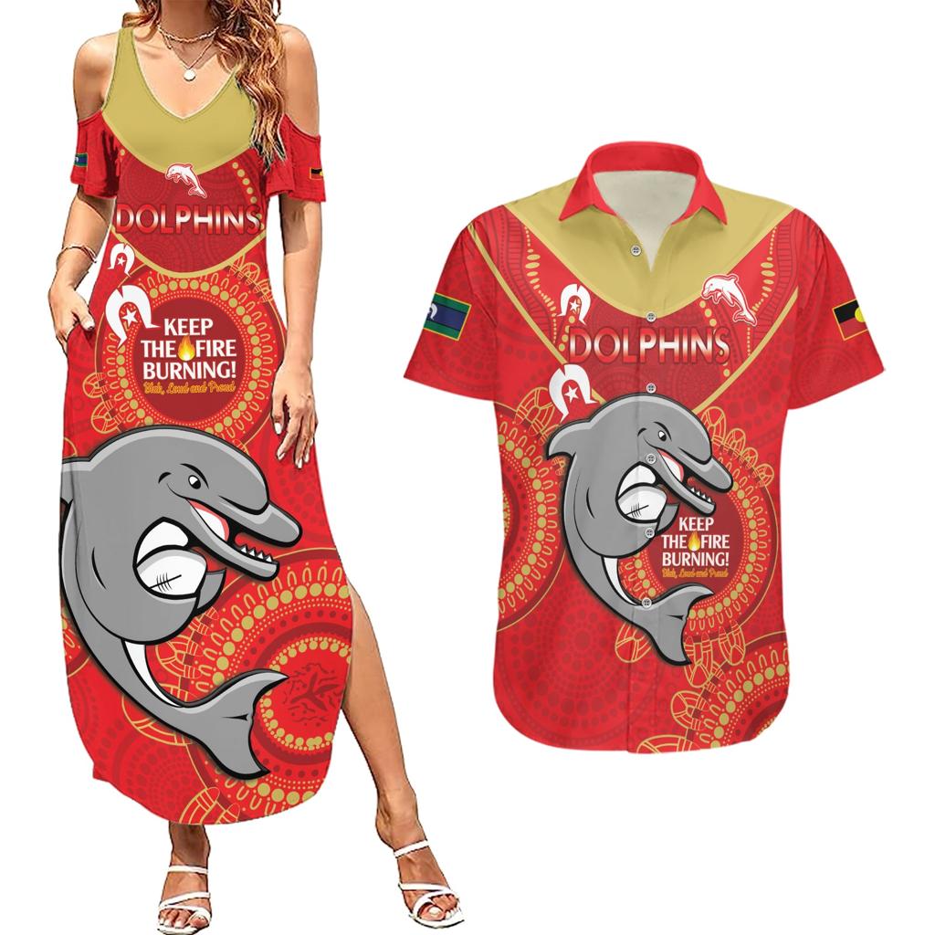 Custom NRL Dolphins NAIDOC Week Couples Matching Summer Maxi Dress and Hawaiian Shirt Keep The Fire Burning Indigenous Art