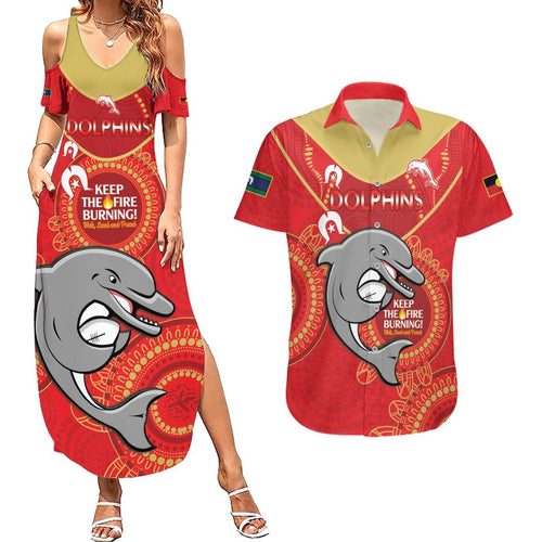 Custom NRL Dolphins NAIDOC Week Couples Matching Summer Maxi Dress and Hawaiian Shirt Keep The Fire Burning Indigenous Art