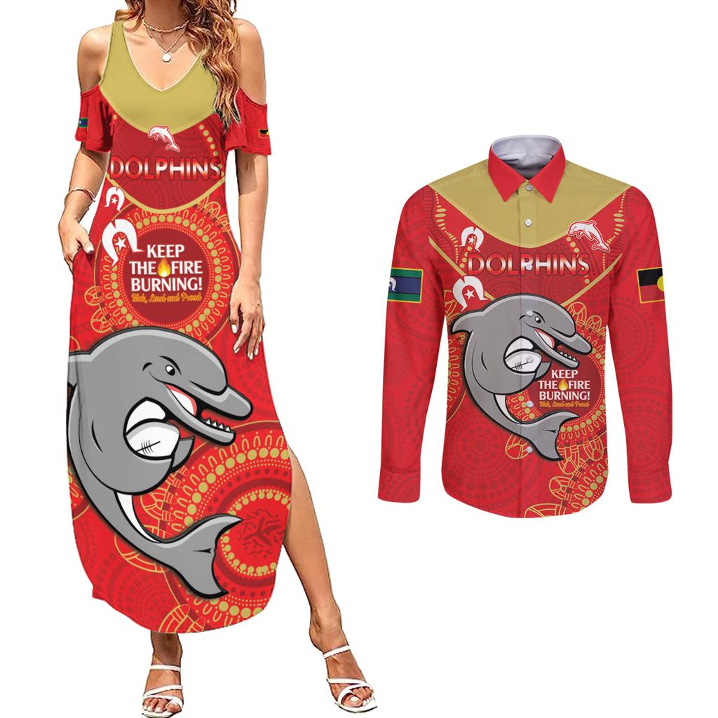 Custom NRL Dolphins NAIDOC Week Couples Matching Summer Maxi Dress and Long Sleeve Button Shirt Keep The Fire Burning Indigenous Art