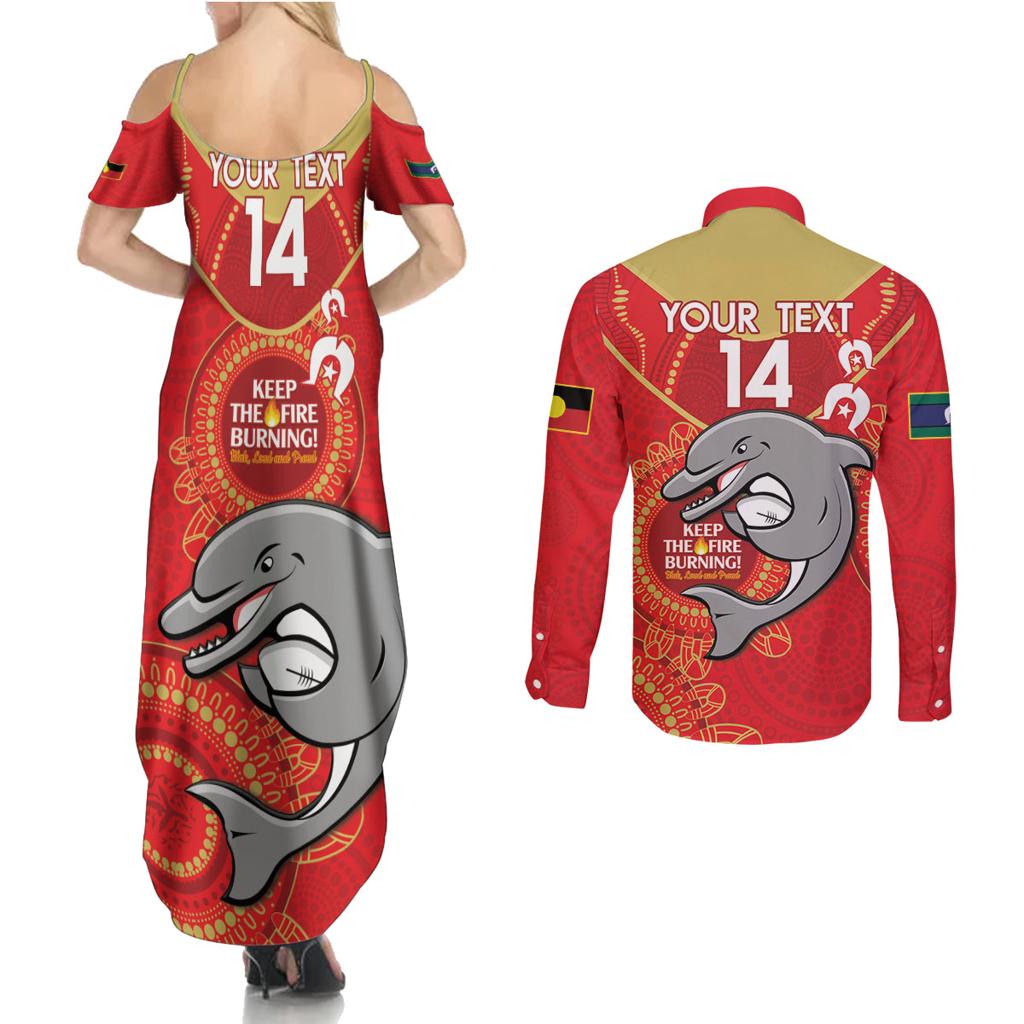 Custom NRL Dolphins NAIDOC Week Couples Matching Summer Maxi Dress and Long Sleeve Button Shirt Keep The Fire Burning Indigenous Art