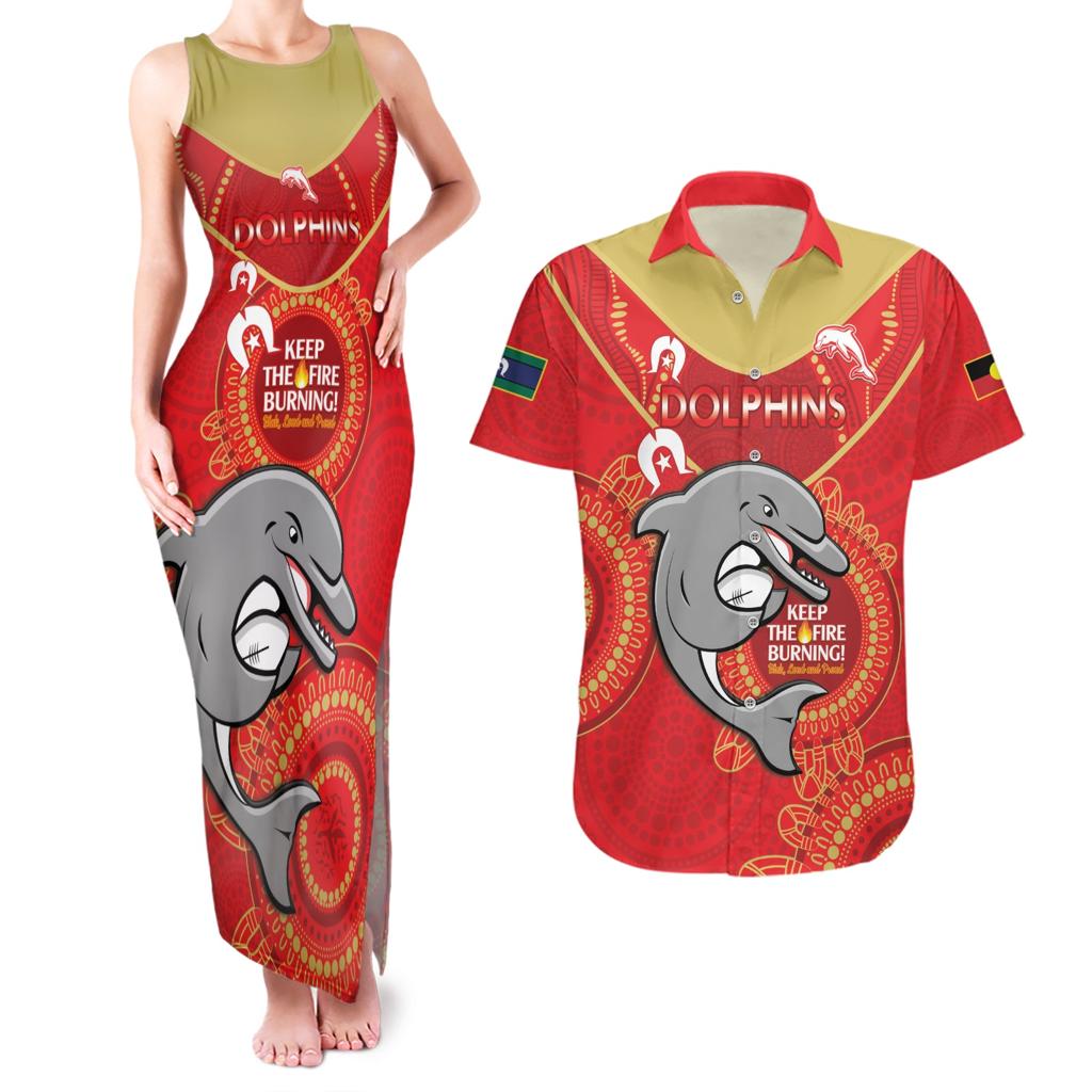 Custom NRL Dolphins NAIDOC Week Couples Matching Tank Maxi Dress and Hawaiian Shirt Keep The Fire Burning Indigenous Art