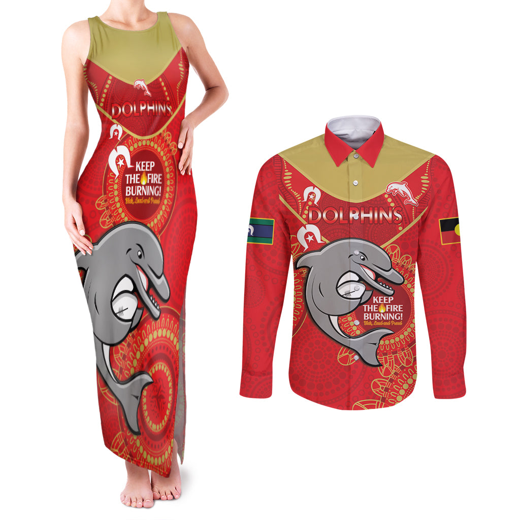 Custom NRL Dolphins NAIDOC Week Couples Matching Tank Maxi Dress and Long Sleeve Button Shirt Keep The Fire Burning Indigenous Art