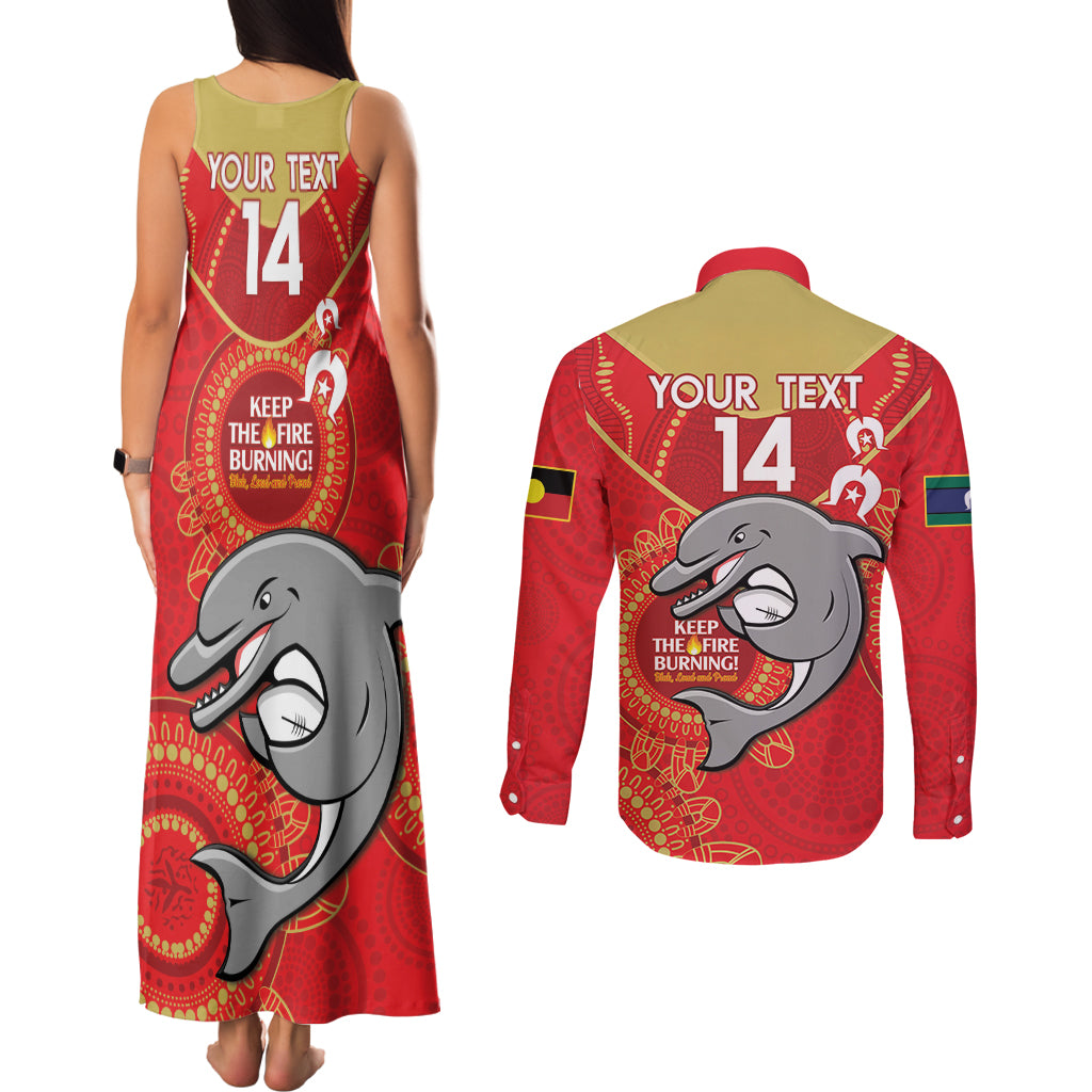 Custom NRL Dolphins NAIDOC Week Couples Matching Tank Maxi Dress and Long Sleeve Button Shirt Keep The Fire Burning Indigenous Art