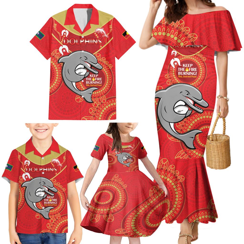 Custom NRL Dolphins NAIDOC Week Family Matching Mermaid Dress and Hawaiian Shirt Keep The Fire Burning Indigenous Art