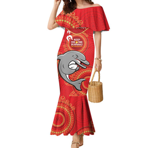 Custom NRL Dolphins NAIDOC Week Family Matching Mermaid Dress and Hawaiian Shirt Keep The Fire Burning Indigenous Art