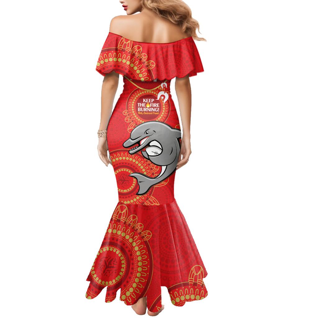 Custom NRL Dolphins NAIDOC Week Family Matching Mermaid Dress and Hawaiian Shirt Keep The Fire Burning Indigenous Art