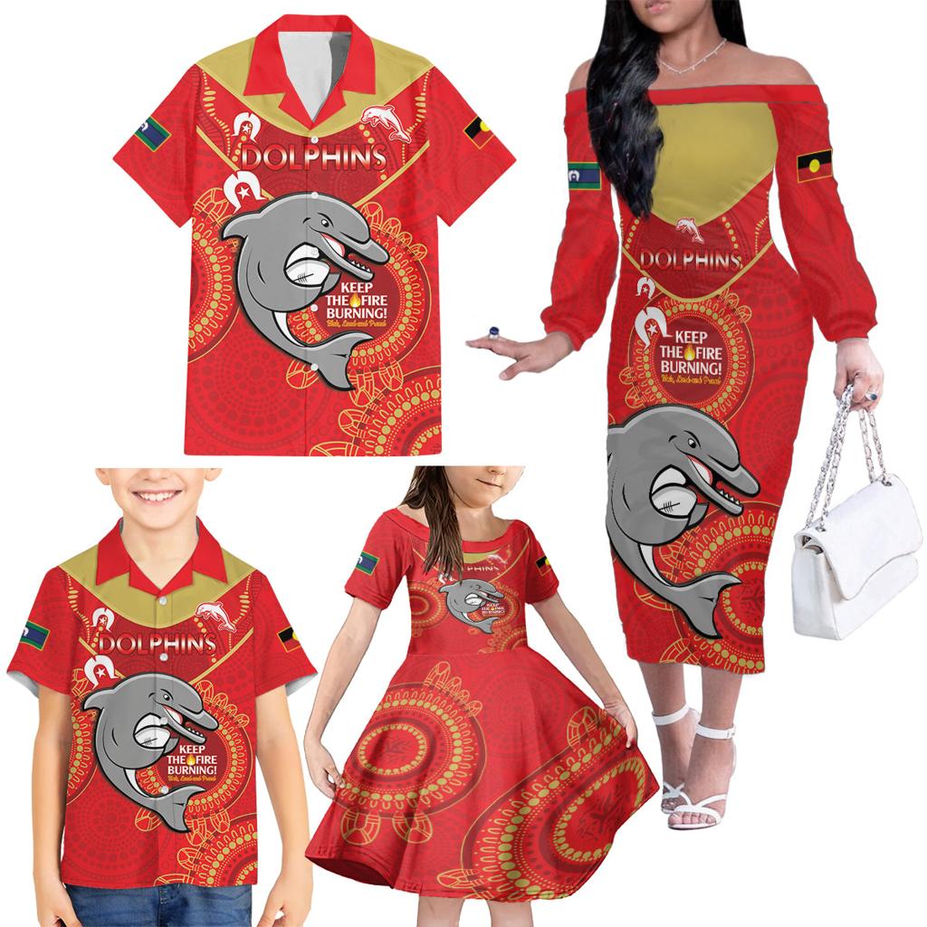 Custom NRL Dolphins NAIDOC Week Family Matching Off The Shoulder Long Sleeve Dress and Hawaiian Shirt Keep The Fire Burning Indigenous Art
