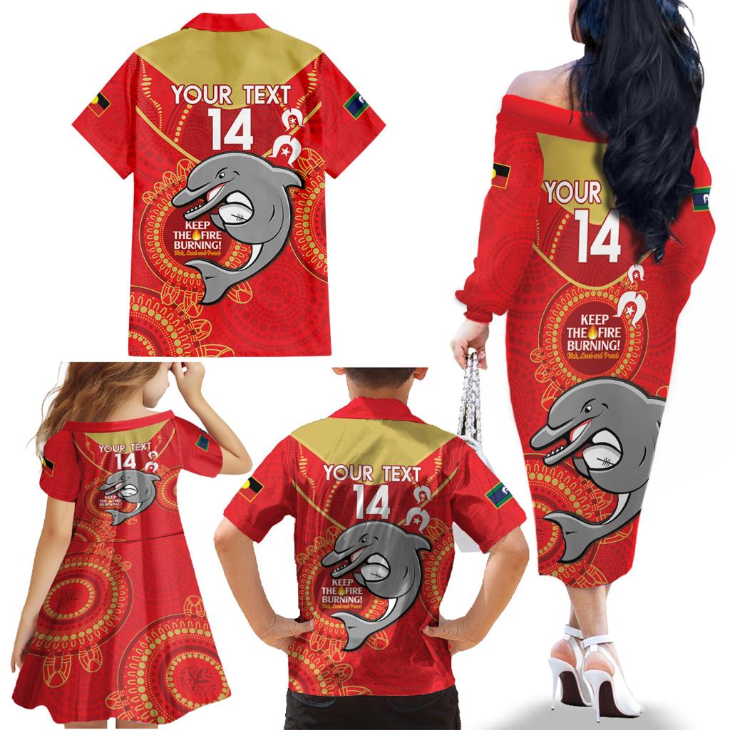 Custom NRL Dolphins NAIDOC Week Family Matching Off The Shoulder Long Sleeve Dress and Hawaiian Shirt Keep The Fire Burning Indigenous Art