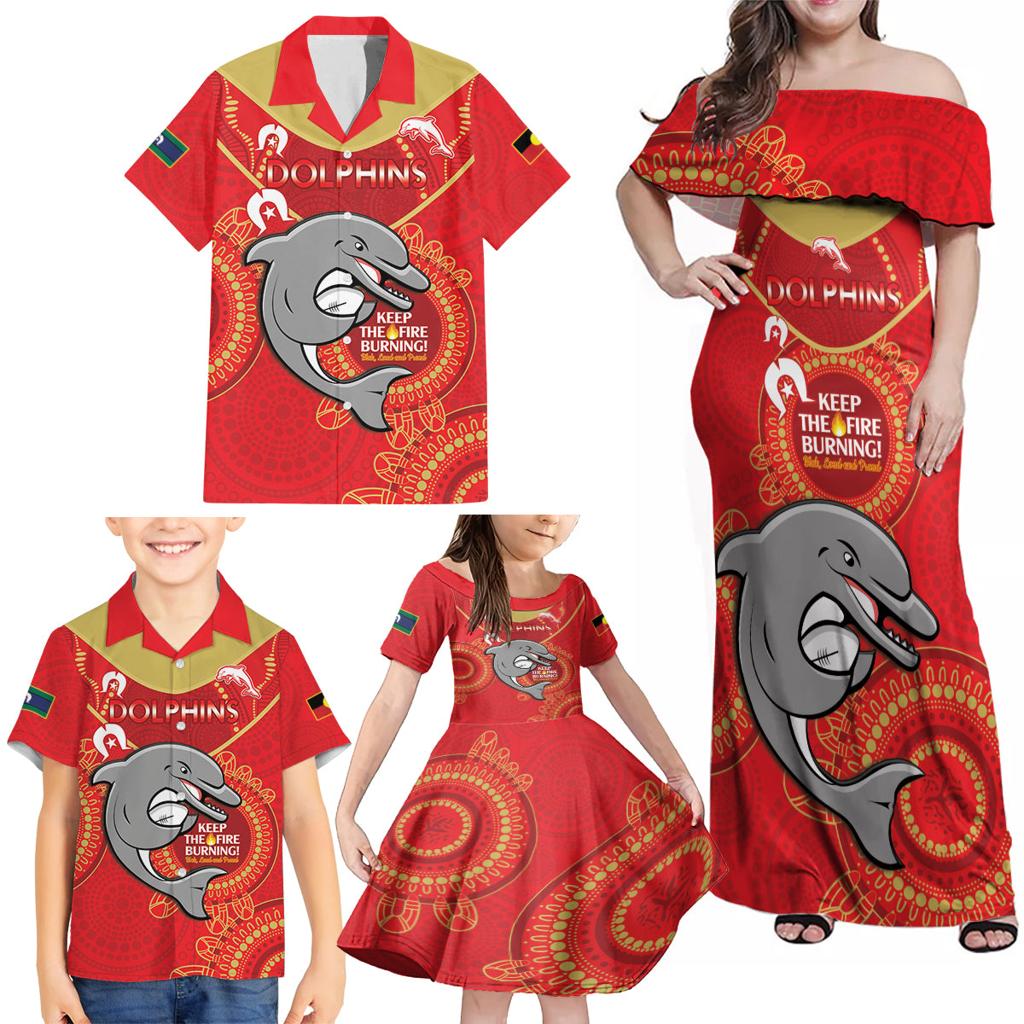 Custom NRL Dolphins NAIDOC Week Family Matching Off Shoulder Maxi Dress and Hawaiian Shirt Keep The Fire Burning Indigenous Art