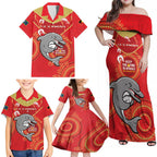 Custom NRL Dolphins NAIDOC Week Family Matching Off Shoulder Maxi Dress and Hawaiian Shirt Keep The Fire Burning Indigenous Art