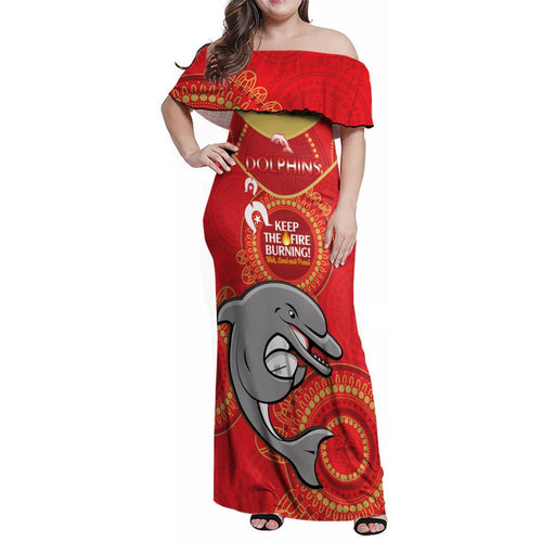 Custom NRL Dolphins NAIDOC Week Family Matching Off Shoulder Maxi Dress and Hawaiian Shirt Keep The Fire Burning Indigenous Art