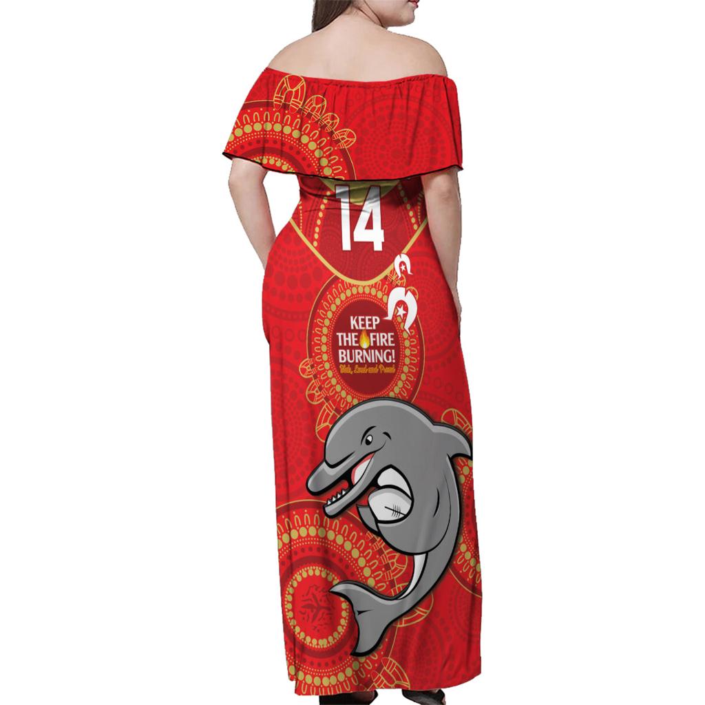 Custom NRL Dolphins NAIDOC Week Family Matching Off Shoulder Maxi Dress and Hawaiian Shirt Keep The Fire Burning Indigenous Art
