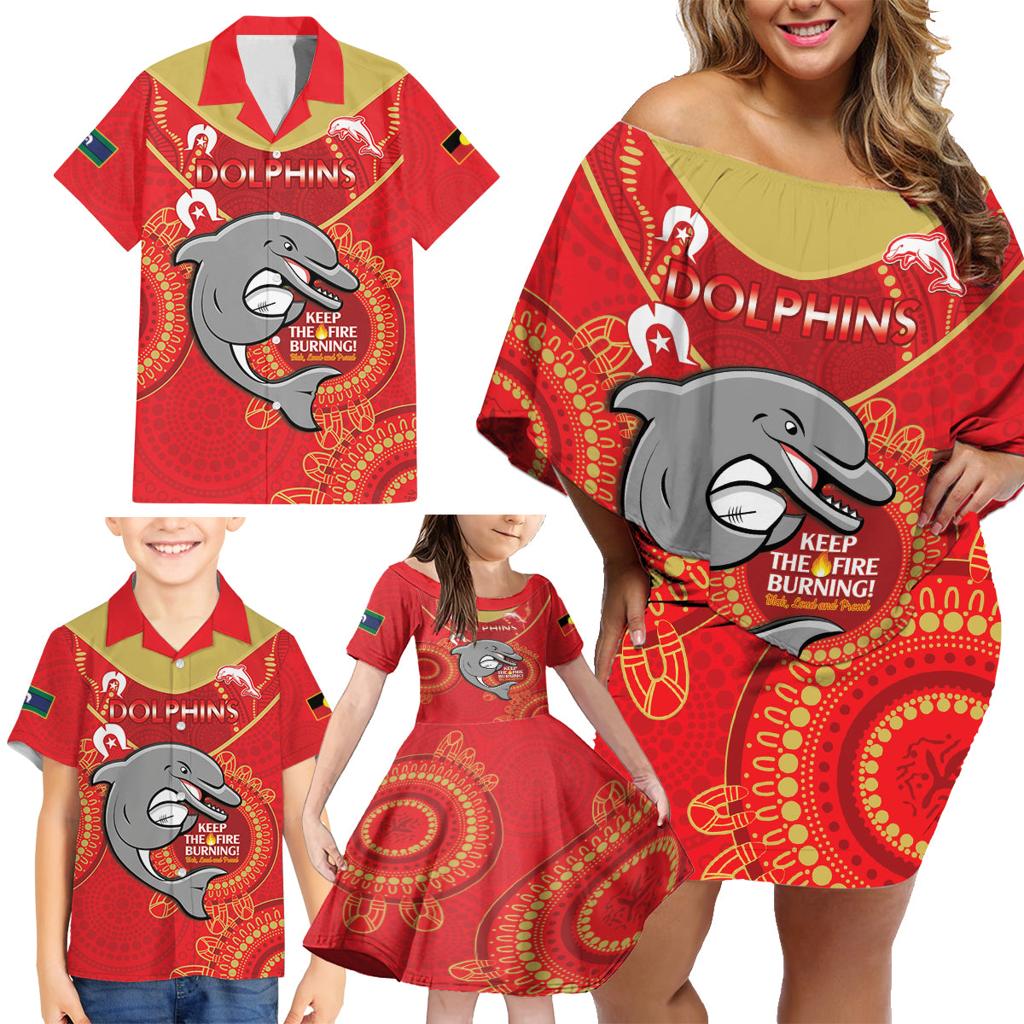 Custom NRL Dolphins NAIDOC Week Family Matching Off Shoulder Short Dress and Hawaiian Shirt Keep The Fire Burning Indigenous Art