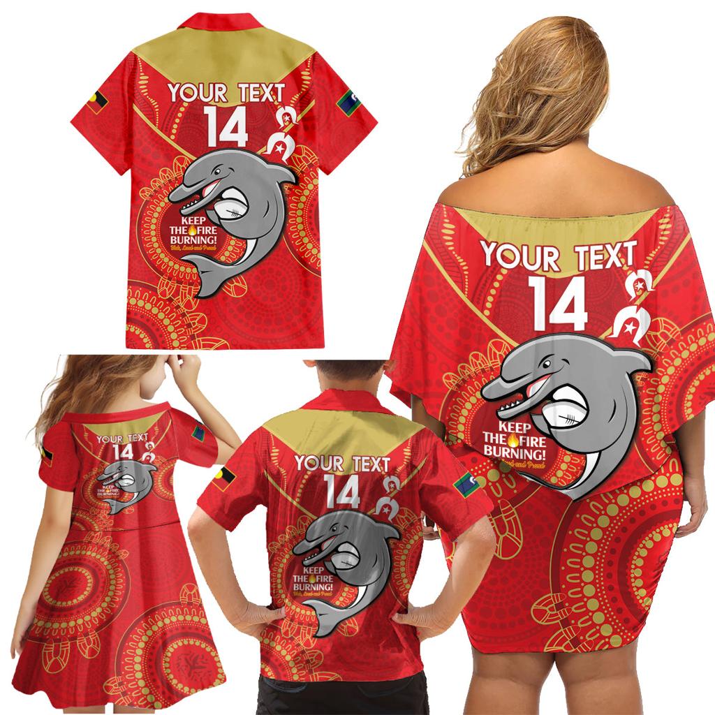 Custom NRL Dolphins NAIDOC Week Family Matching Off Shoulder Short Dress and Hawaiian Shirt Keep The Fire Burning Indigenous Art