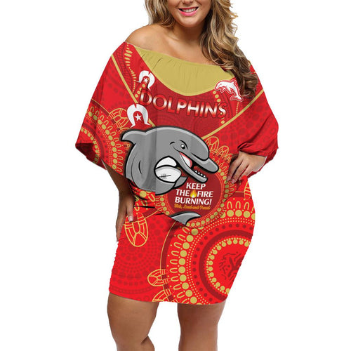 Custom NRL Dolphins NAIDOC Week Family Matching Off Shoulder Short Dress and Hawaiian Shirt Keep The Fire Burning Indigenous Art
