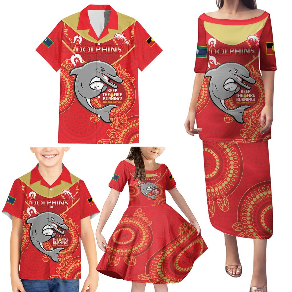 Custom NRL Dolphins NAIDOC Week Family Matching Puletasi and Hawaiian Shirt Keep The Fire Burning Indigenous Art